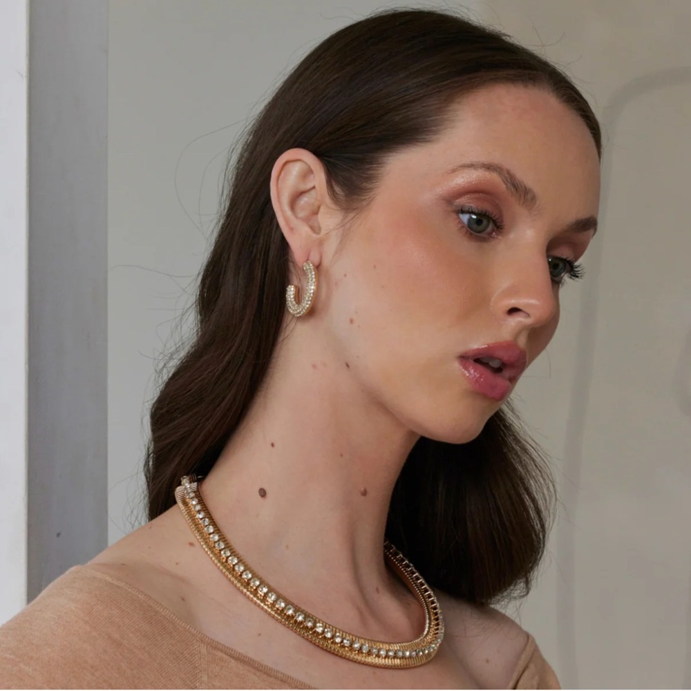 Kenneth Jay Lane Polished Gold & Crystal Hoop Post Earrings